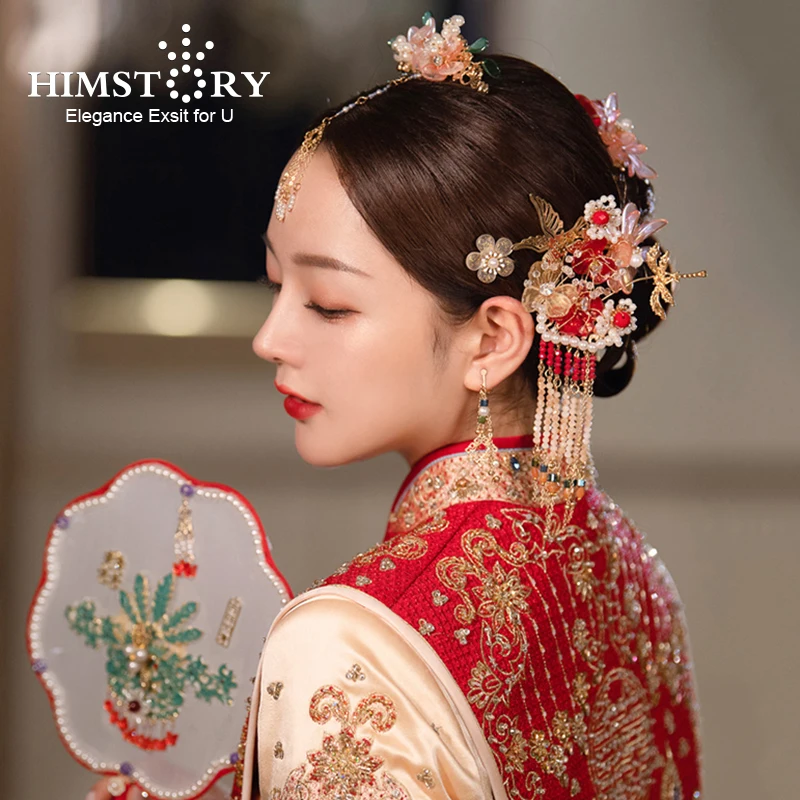 

HIMSTORY Vintage Chinese Bridal Headdress Costume Clear Flower Ancient Wedding Hairpin Tassels Jewelry Hair Accessories