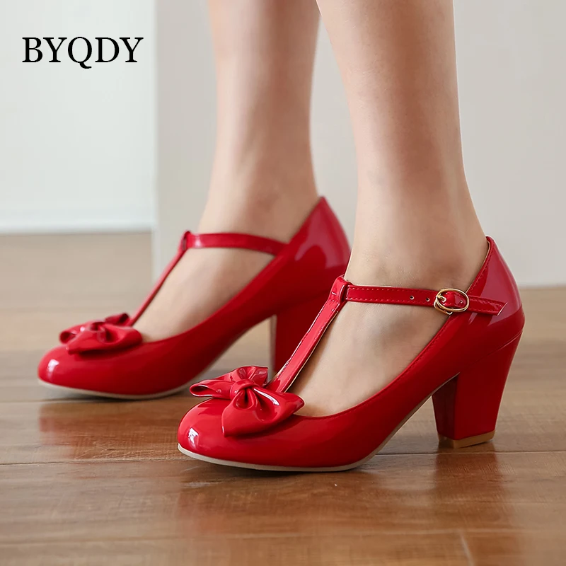 BYQDY Sweet Lolita Princess Pumps Women Mary Jane Shoes Bow Round Head Black Japanese College Pumps T-Strap Shoes Big Size 43-48