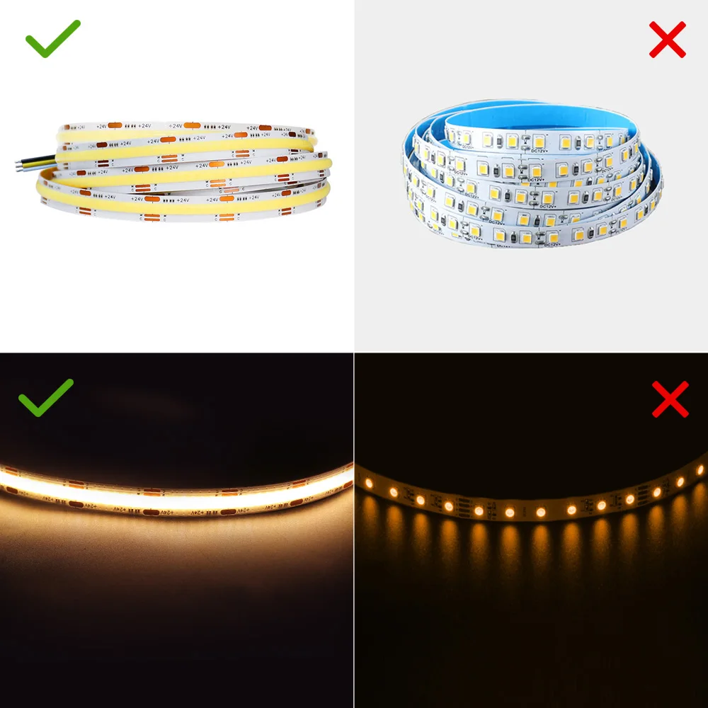 High Density CCT Dual Color LED Strip Full Kit With Remote Control Dimmer Flexible COB Tape Lights Bar RA90 White DC 24V 5m~10m