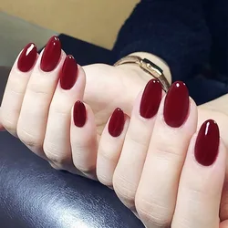 24 pièces/boîte de faux ongles avec colle, tête ronde mi-longue, Vintage, rouge vin, mode, Nail artificiel, presse sur la décoration de faux ongles