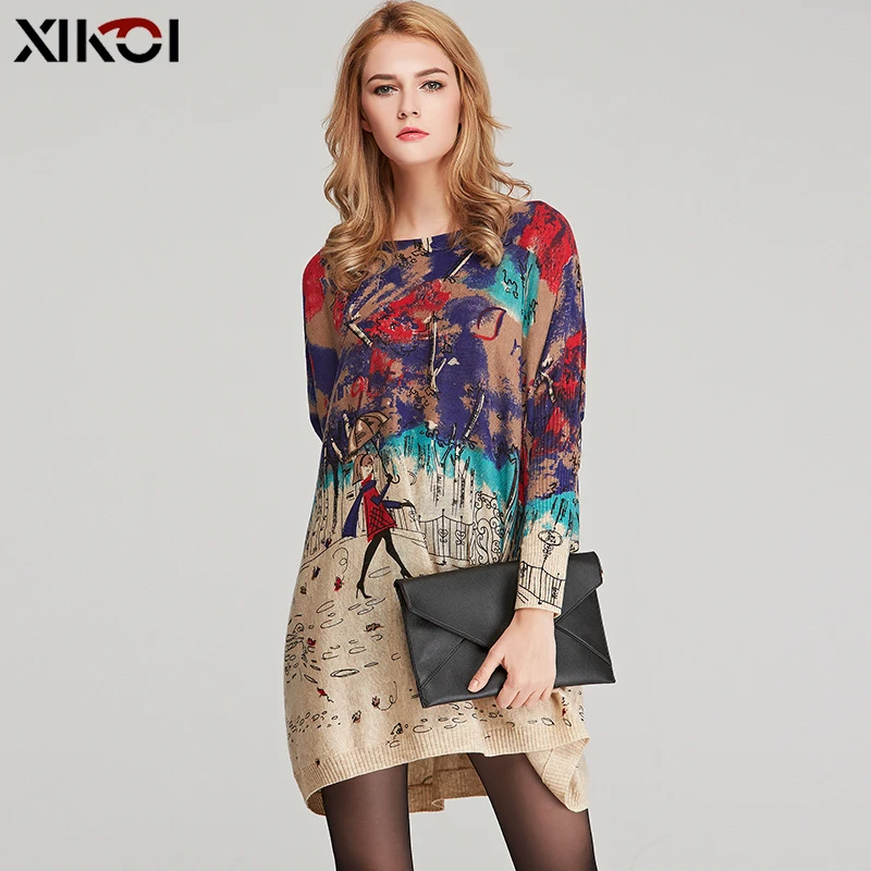 XIKOI Oversize Sweater Women Casual Pull Femme Batwing Sleeve Patchwork Print Long Sweaters Pullovers Fashion Loose Clothing