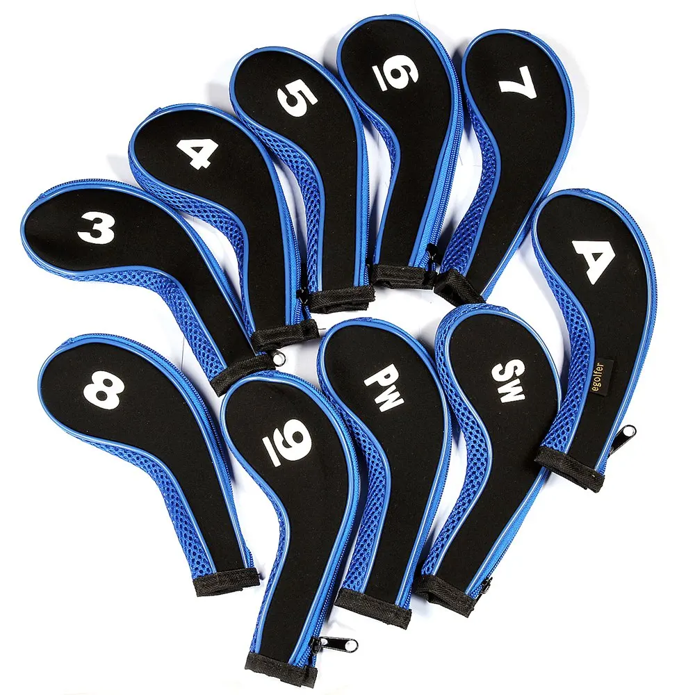 High Quality 10Pcs Rubber Neoprene Golf Head Cover Golf Club Iron Putter Protect Set Number Printed with Zipper Long Neck