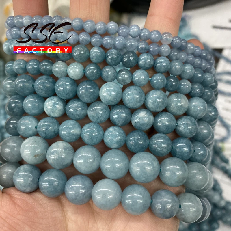 Pierres précieuses naturelles pour bijoux, calcédoine bleue, aigue-marine, perles d'angélite, perles rondes, 4mm, 6mm, 8mm, 10mm, 12mm, bracelets de bricolage, 15 po