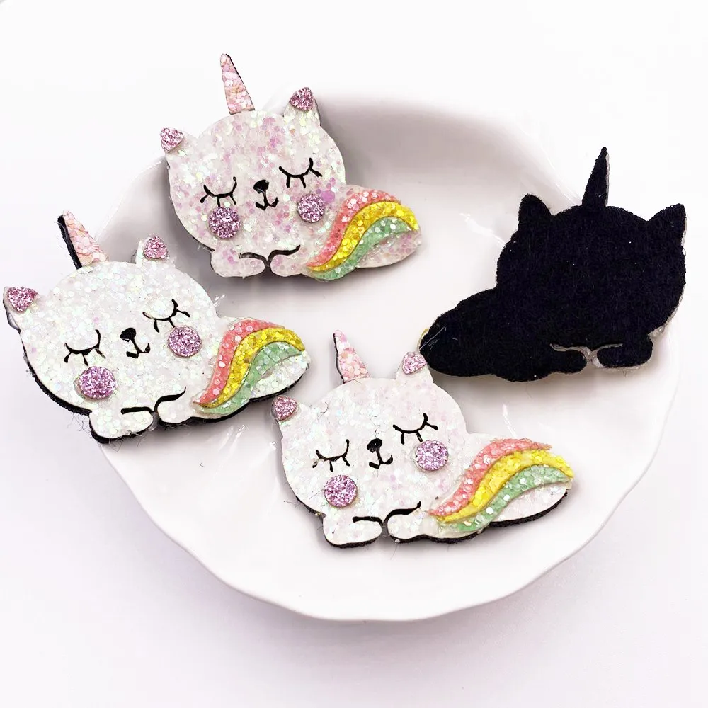 12PCS Filz Stoff Glitter Katze Einhorn Applikation DIY Haarnadel Bogen Zubehör Handgemachte Animation Patches Nähen Muster Handwerk