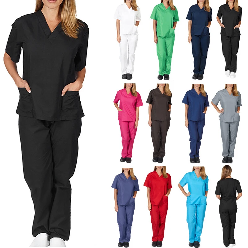 Two Piece Set Solid Color Scrub Suit V-neck Short Sleeved Nursing Uniform Set Tops+Pants Fast-drying Suits