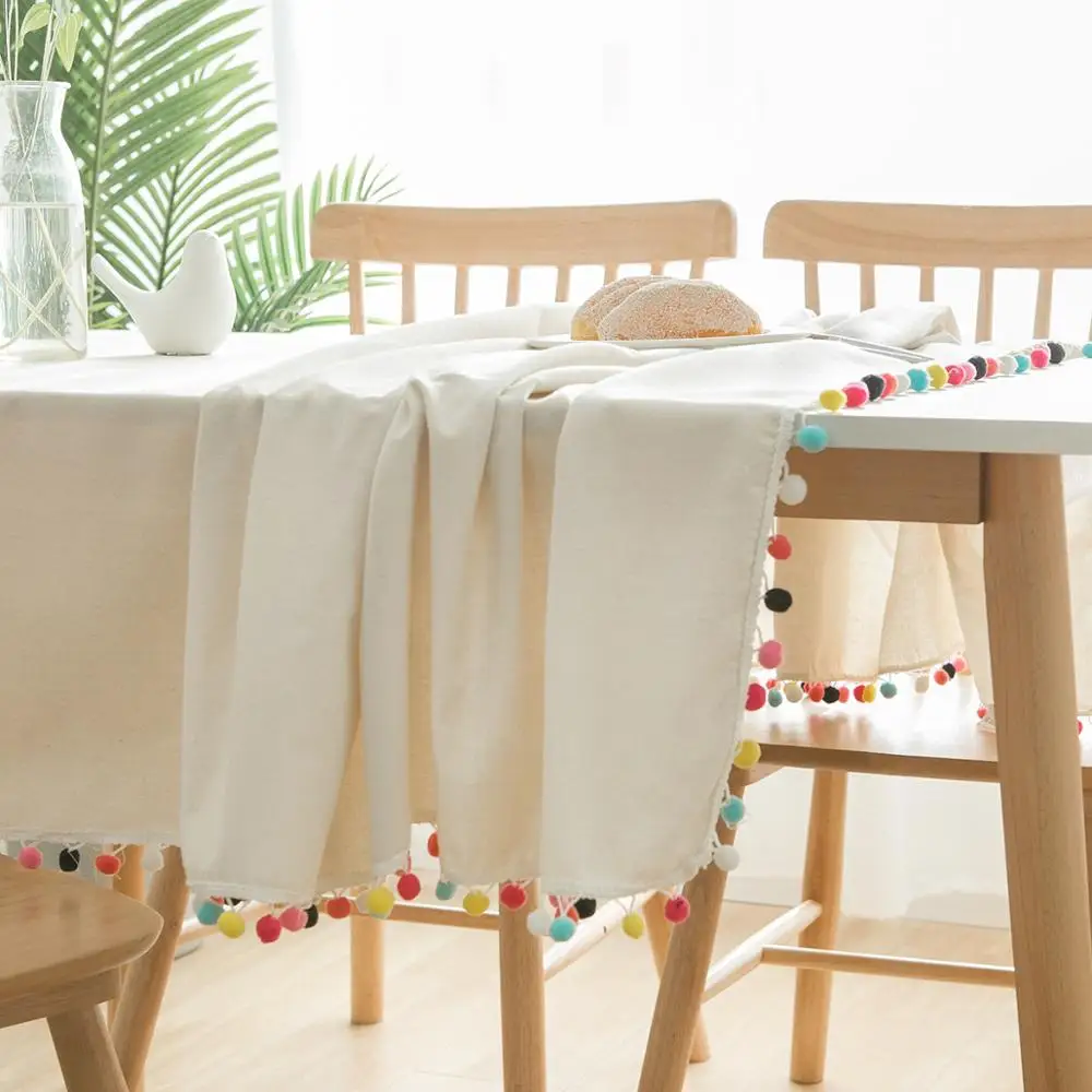 Beige Decorative Tablecloth With Colored Hair Balls Thick Cotton linen Rectangular Wedding Dining Table Cover Tea Table Cloth