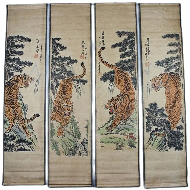 

China Old Paper Calligraphy Paintings Scrolls Chinese Poems And Painting Tiger Four Tiger Map