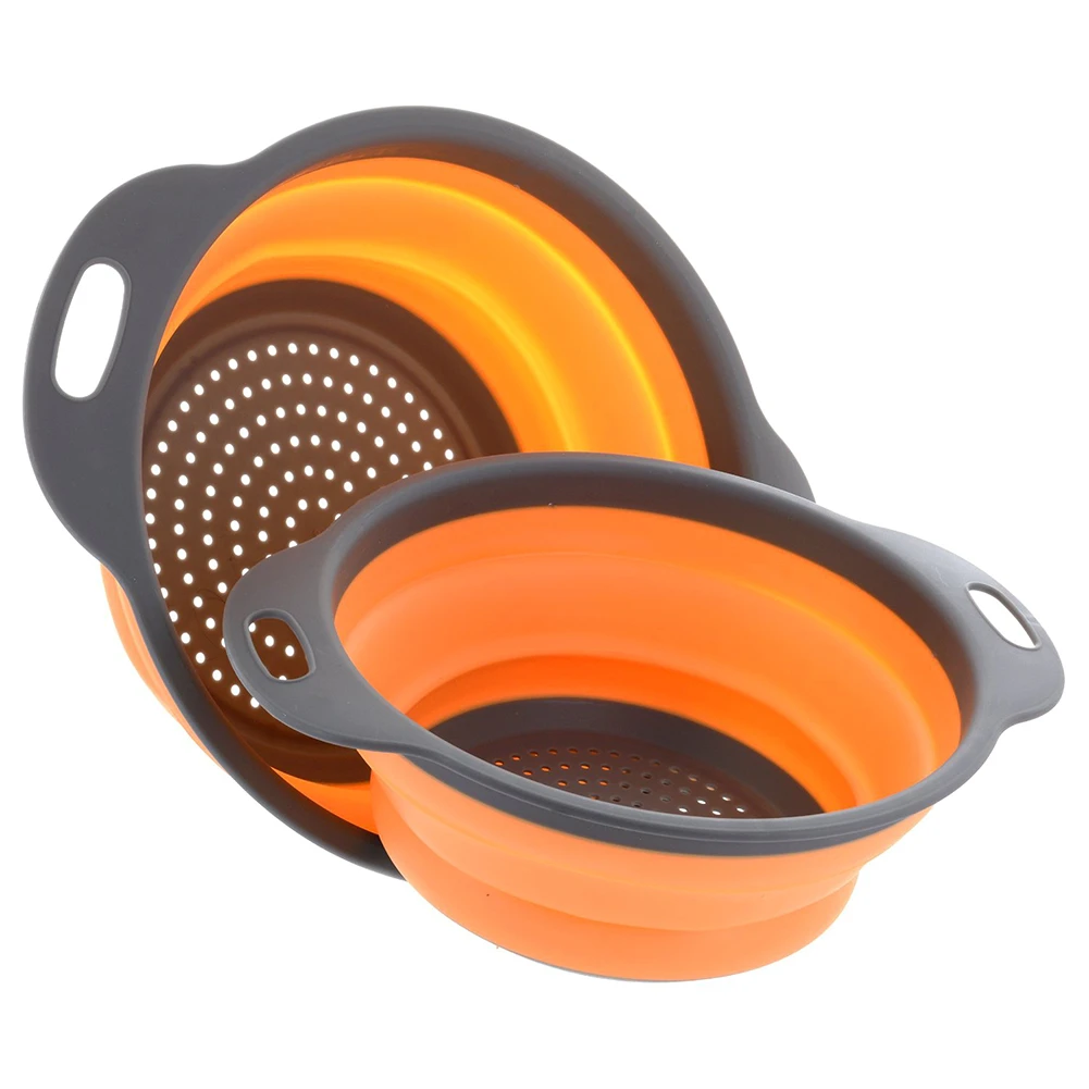 2pcs/set Silicone Colander Fruit Vegetable Washing Basket Strainer Collapsible Foldable Drainer With Handle Kitchen Tools 29cm