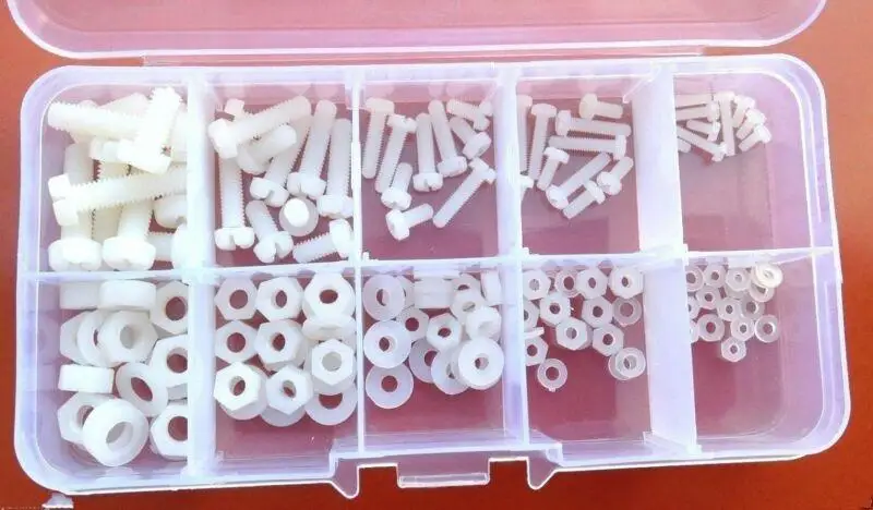ホワイトナイロン六角ネジ,150個,m2.5,m3,m4,m5,ボルトナット,プラスチックボックス付きスペーサーキットプレート,耐食性