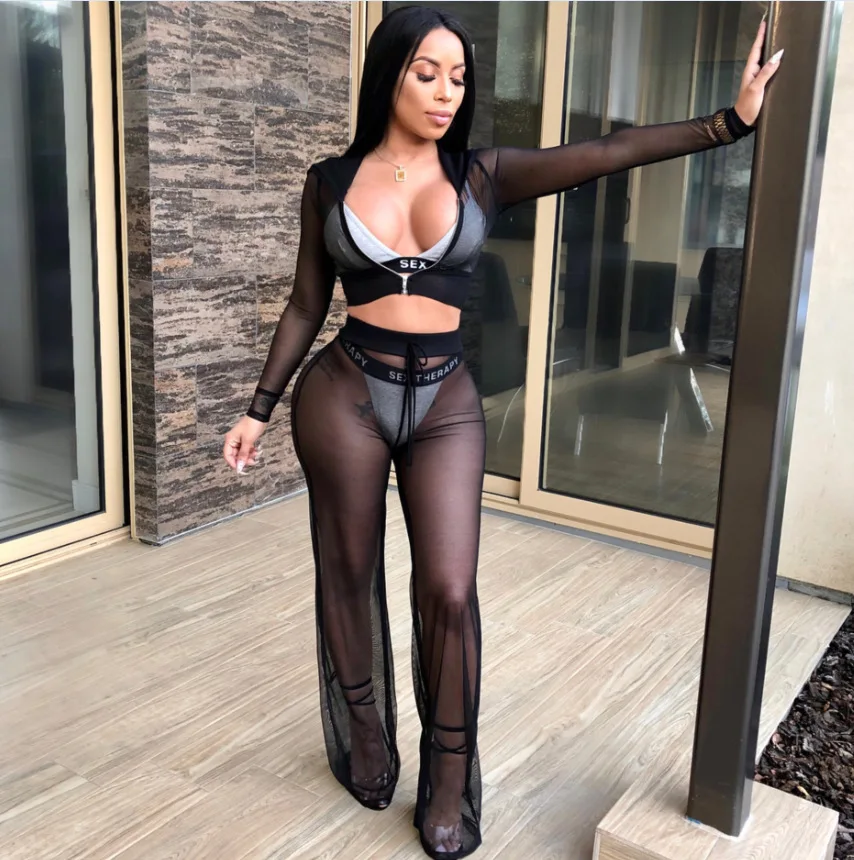 Two-piece Mesh Sets Women Sexy Swimsuit Cover-Ups Holiday Beach Wear Long Sleeve Hooded Crop Tops+Long Pants Sheer Sets