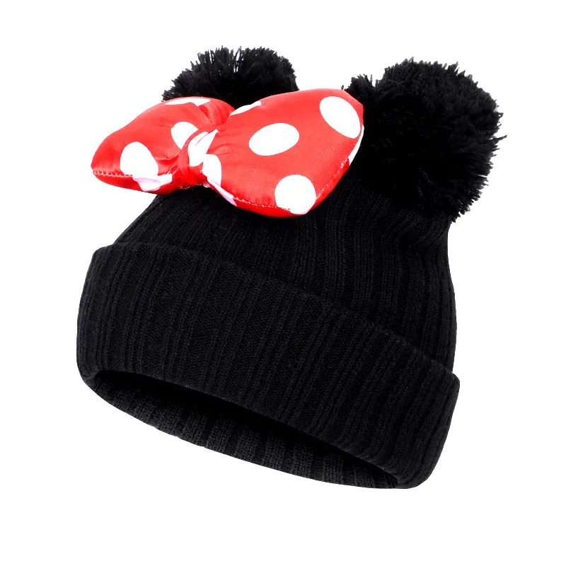 Anime Figure Disney Minnie Mouse Bow Knitted Girls Hat Winter Bonnet Children Cartoon Mickey Beanie Cap Kids Caps With Pompom