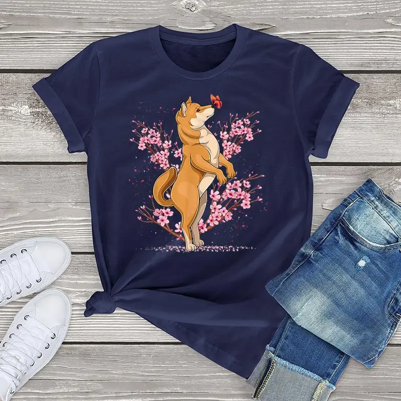 FLC 100% Baumwolle Japanischen Shiba Inu Kawaii Frauen T Shirt Kirsche Blossom Unisex Tops Sakura Bäume Casual Grafik Weibliche T hemd