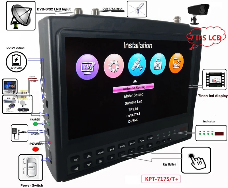 KPT-717ST+AHD  DVB-S2 DVB-T/T2 DVB-C Combo test cctv camera DVB-T/T2 DVB-C Combo satellite Finder meter