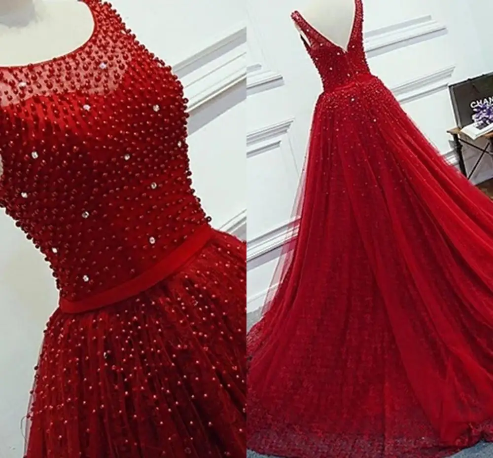 Nuevas perlas, cuentas de cristal, espalda en V, vestidos de fiesta de graduación en la playa, vestidos de noche largos 2025, vestidos de noche para embarazadas de talla grande con cuello transparente, rojo oscuro