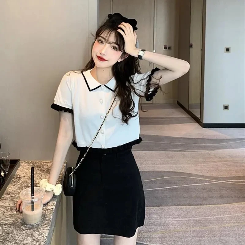 

2021 Summer Ladies Short Shirt Bag Hip Skirt Two-piece Suit Korean Campus Style Casual Polo Collar and Pearl Button Skirt Suit