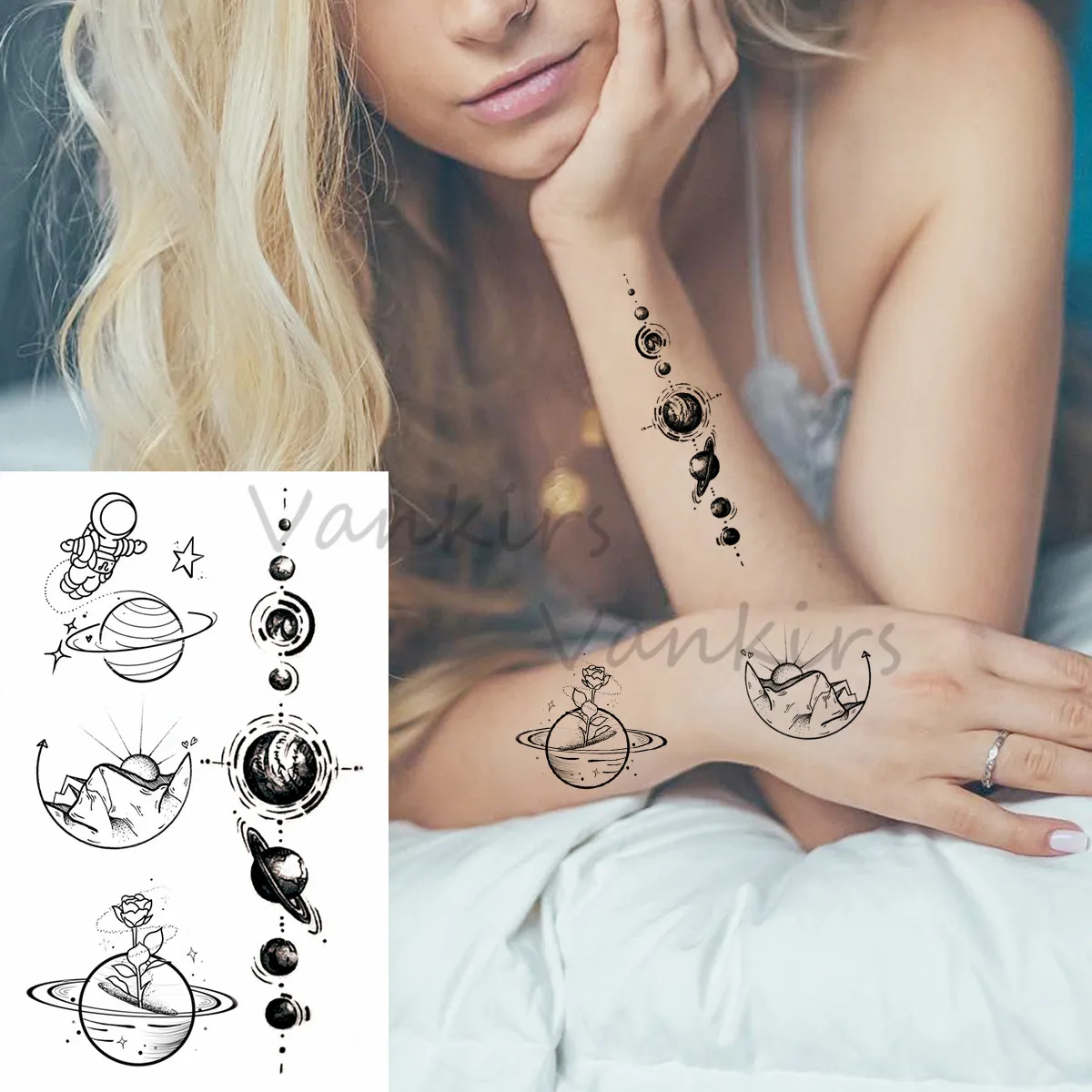 검은 나침반 여자를 위한 작은 임시 문신, 현실적인 우주 비행사 나비 엘크 행성 가짜 문신 스티커 다리 문신 팔 / 타투 \u0026 바디아트, image size:1200x1200