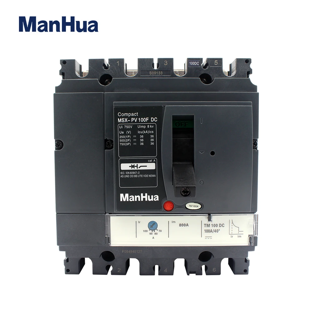 

ManHua 4P FourPoles Breaking Capacity 36kA Adjustable 100A MSX-PV100F Photovoltaic 1000VDC Moulded Case Circuit Breaker