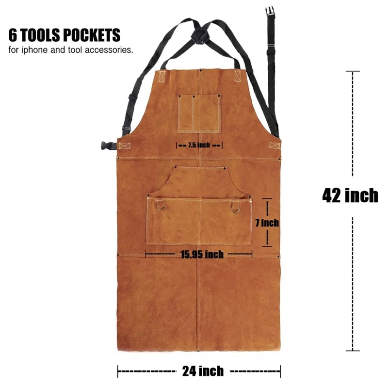 Leather Welding Apron - Heat & Flame-Resistant Heavy Duty Work Forge Apron With 6 Pockets, 42Inch Large CNIM Hot