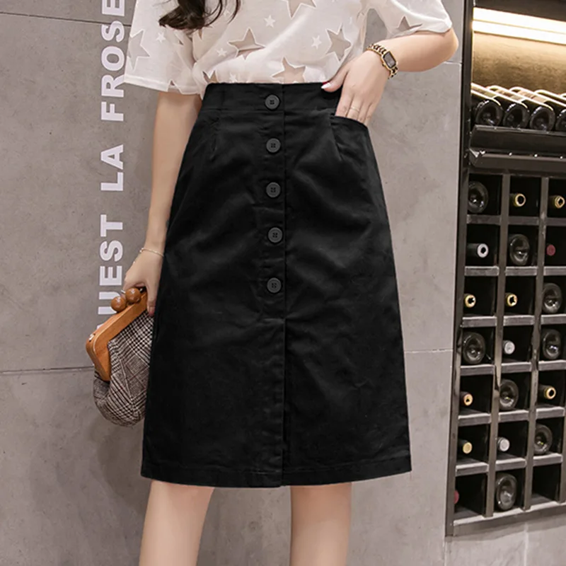 LJSXLS Faldas Mujer Moda 2022 Summer Knee Length Pencil Skirt Women Button High Waist Black White Split Ladies Office Slim Skirt