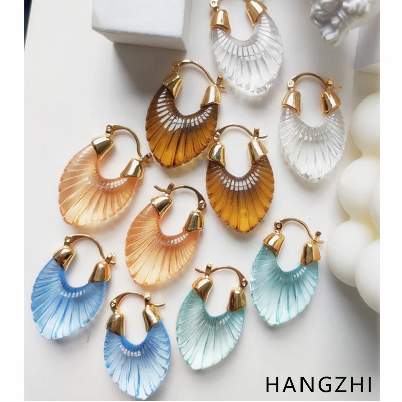 HANGZHI 2021 New Retro Transparent Amber Geometric U-shaped Acrylic Resin Gold Color Copper Hoop Earrings Jewelry for Women Girl