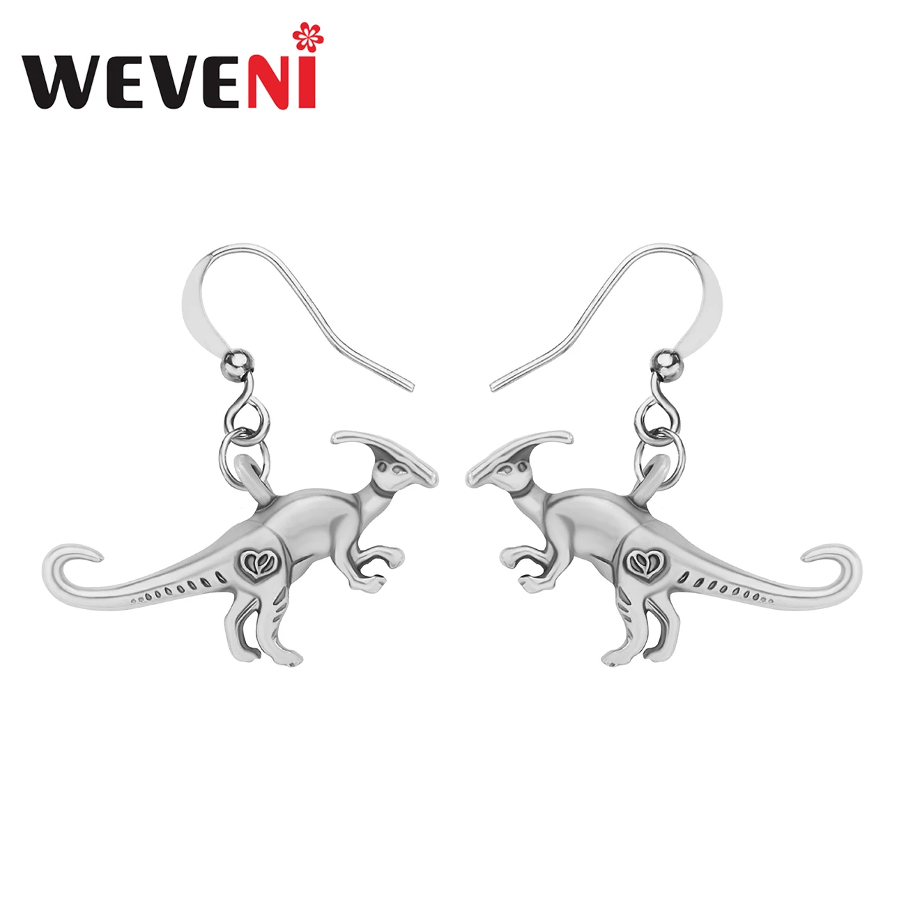 WEVENI Metal Antique Gold Plated Parasaurolophus Dinosaur Earrings Long Drop Dangle Jewelry For Women Girls Unique Party Gifts