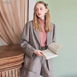 ARTKA 2020 Winter New Women Blazers Set Vintage Puff Sleeve Woolen Suit Jacket Loose Thicken Blazers Suit With Shorts WA20100D