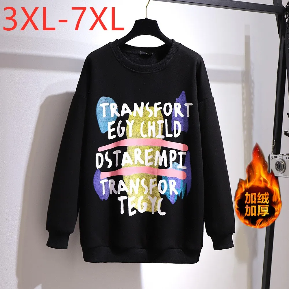 New 2021 Autumn Winter Plus Size Women Clothing Pullover Large Long Sleeve Print Black Velvet Thick T-shirt 3XL 4XL 5XL 6XL 7XL