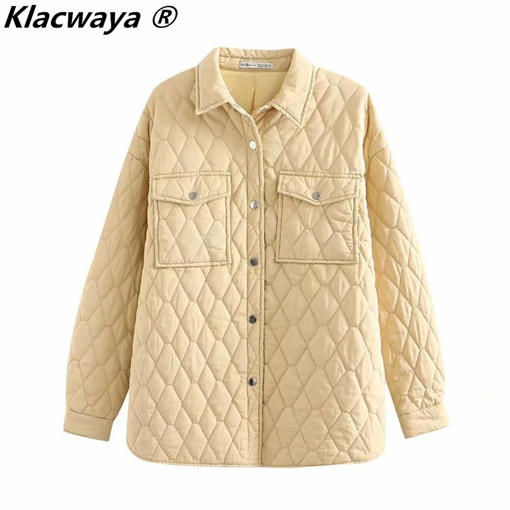 Klacwaya 2021 Vrouwen Effen Kleur Argyle Jas Vintage Kraag Snap Pocket Vrouwelijke Losse Streetwear Bovenkleding Chic Jacket