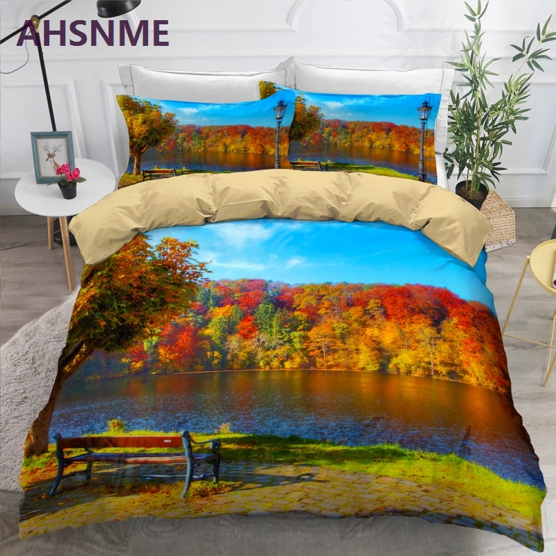 Imagem -04 - Ahsnme 3d Outono Floresta Profunda Cênica Conjunto de Cama Vermelho Quilt Cover com Fronha sem Folhas Consolador Conjuntos Cama Rainha Rei Tamanho