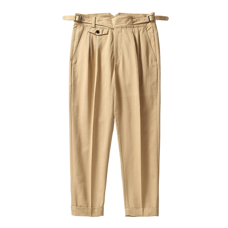 American Khaki Gurkha Men\'s Military Casual Pants Double Pleated Pocket Design Overalls Fishbone Slim Trousers Vintage