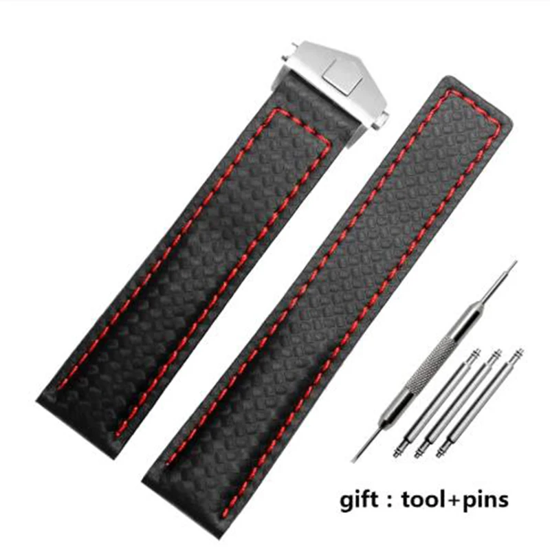 For TAG heuer  watchband Carbon fiber texture cow leather bottom BLACK RED wristband men\'s strap 20mm 22mm with folding buckle