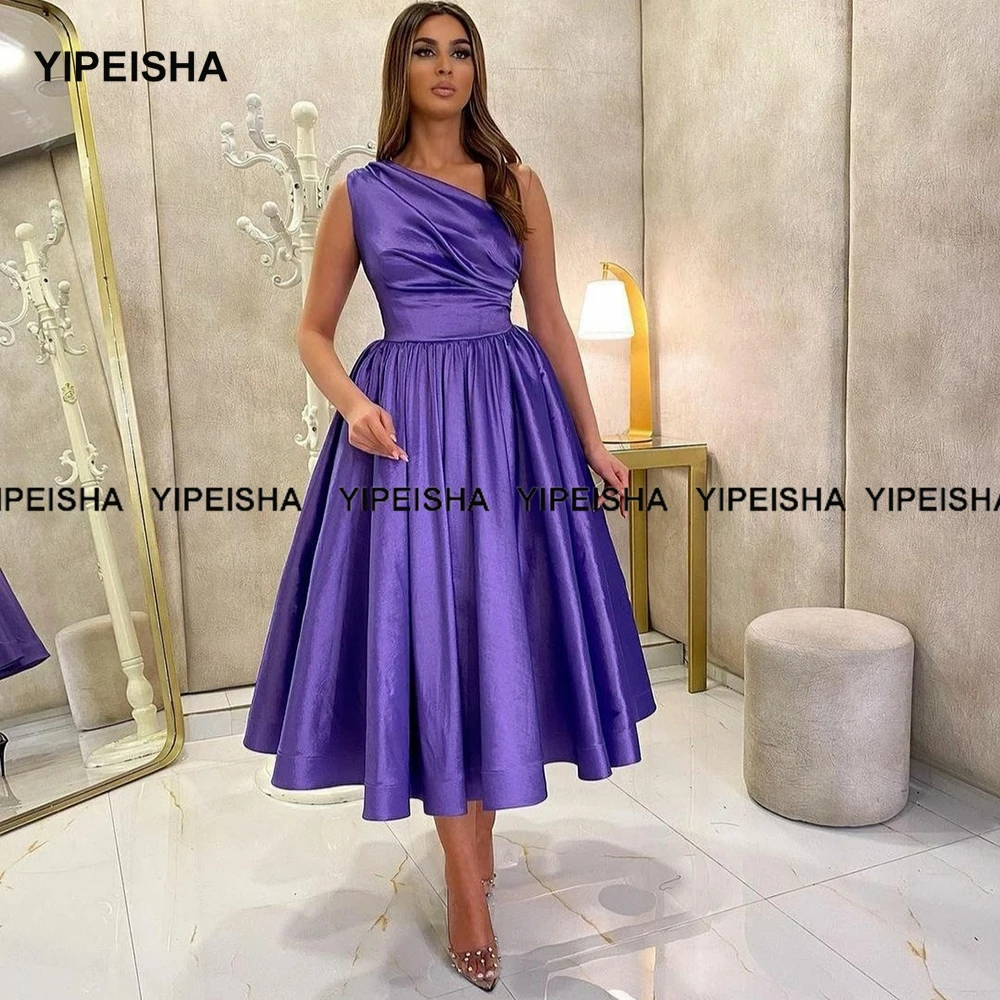 Yipeisha-vestido de fiesta de boda de satén, traje de un hombro, azul real, longitud de té, línea A, Burdeos, talla grande, Homecoming