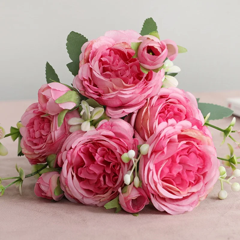 Schöne Rosen-Pfingstrose, künstliche Seidenblumen, kleine weiße Blumenstrauß-Vasen für Zuhause, Party, Winter, Hochzeit, Dekoration, günstige gefälschte Pflanze