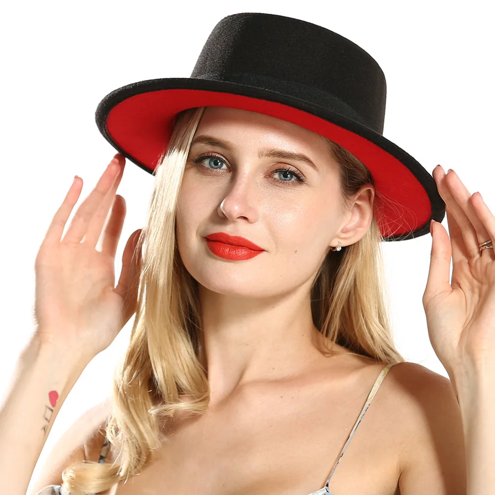 Outer Black Inner Red Flat Brim Sombreros Flat Top Felt Boater Hat Womens Lady Imitate Wool Fedora Hats with Black Ribbon