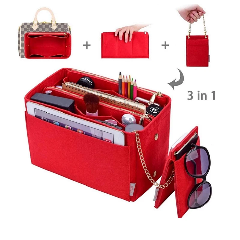 Feltro saco cosmético com bolsa de inserção de carteira para organizador de bolsa (com bolso zip destacável) compõem organizador ajuste neverfull