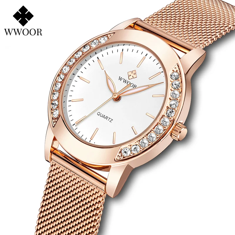 WWOOR-Relógio de pulso feminino em aço, ouro rosa, diamante, relógio feminino, vestido feminino, casual, luxo, moda