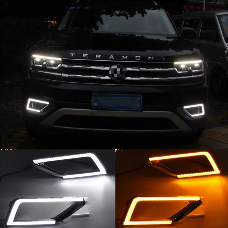 1Pair LED For Volkswagen VW Teramont 2017 2018 DRL Daytime Running Light Daylights Fog Lamp Cover With Yellow Turn Signal