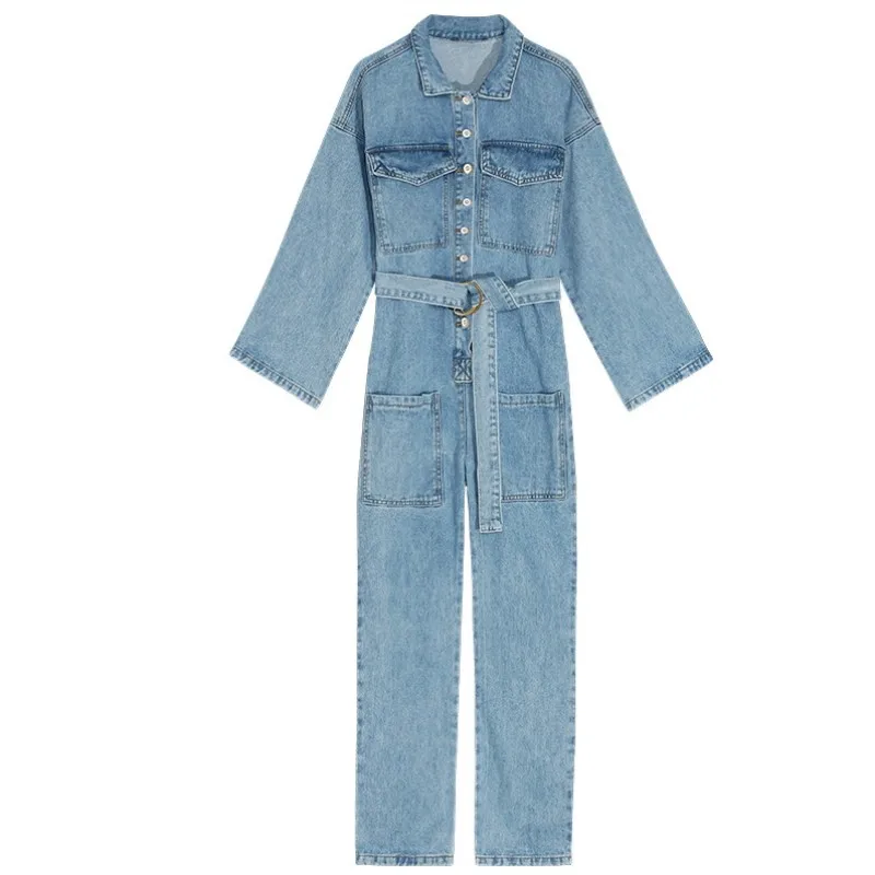 New Denim With Belt Women Boyfriend Style Summer High Waist Overalls Ladies Loose Jeans Jumpsuits Rompers Female