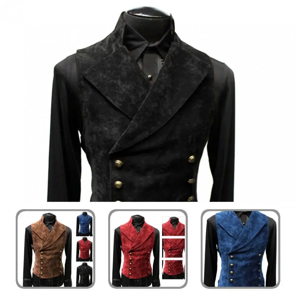 Mens Double Breasted Gothic Steampunk Velvet Vest Stand Collar Medieval Victorian Black Waistcoat Men Stage Cosplay Prom Costume