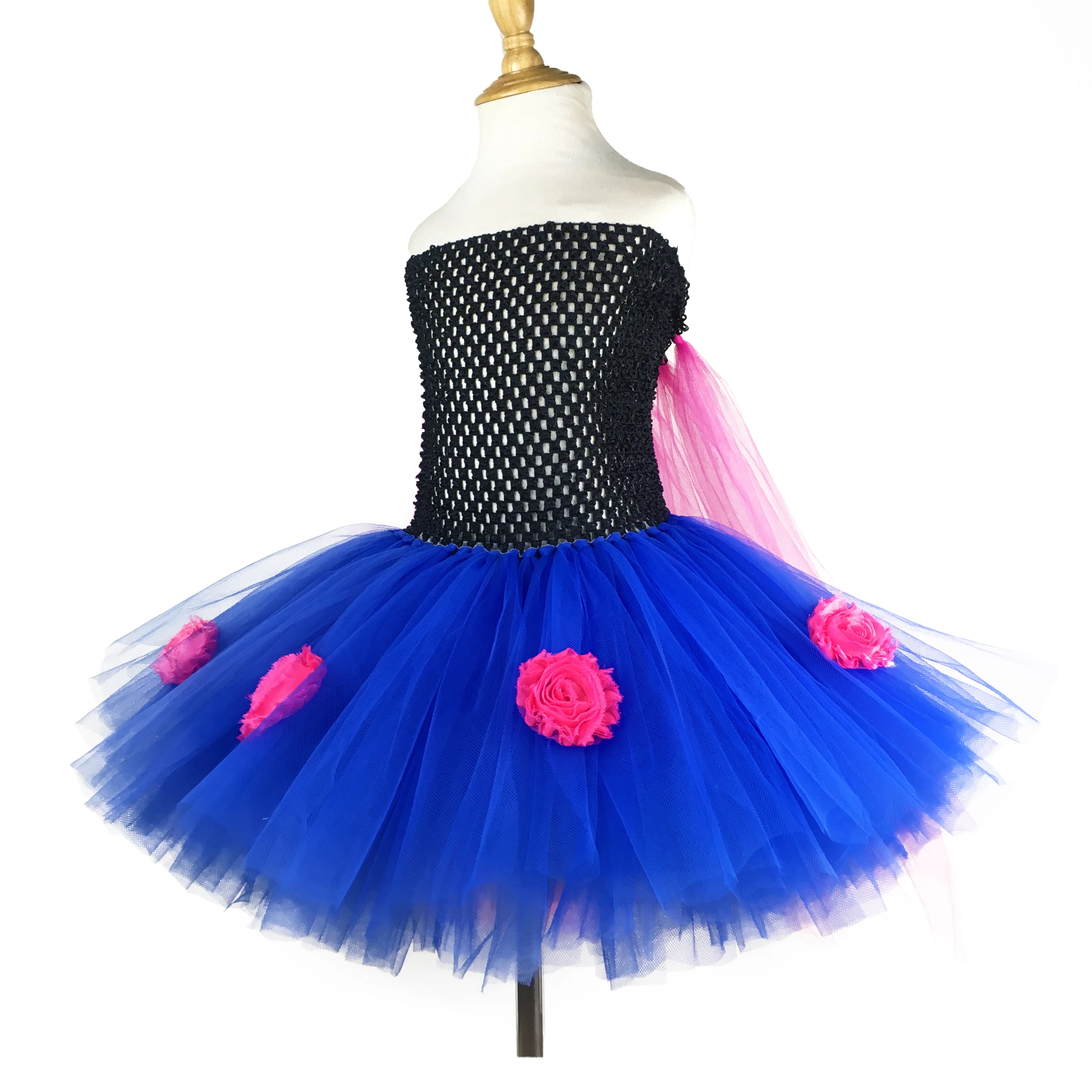 Girls Anna Princess Tutu Dress Kids Crochet Tulle Dress with Hot Pink Shawl and Flowers Children Cosplay Party Costume Dresses