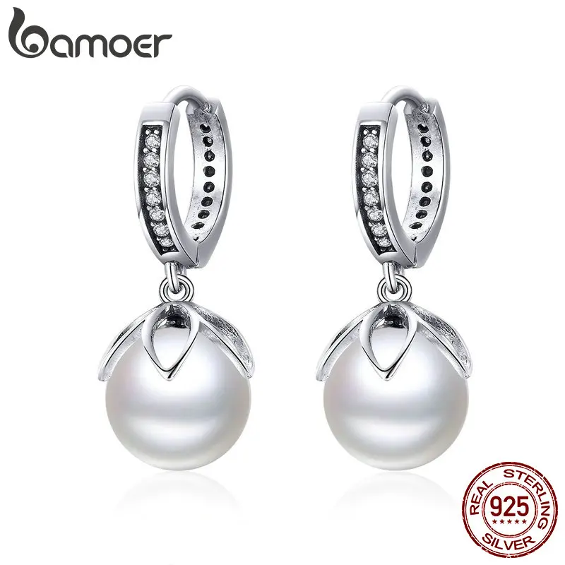 

BAMOER Elegant 925 Sterling Silver Luminous Gentle Love Flower Shell Pearl Drop Earrings Female Women Pearl Jewelry SCE482