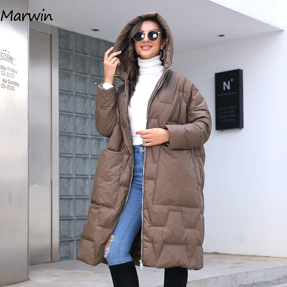 Marwin 2022 Women 90% White Duck Down Coats Light Duck Down Thick Jackets Solid High Waist Warm Casual Long Hooded Down Jacket