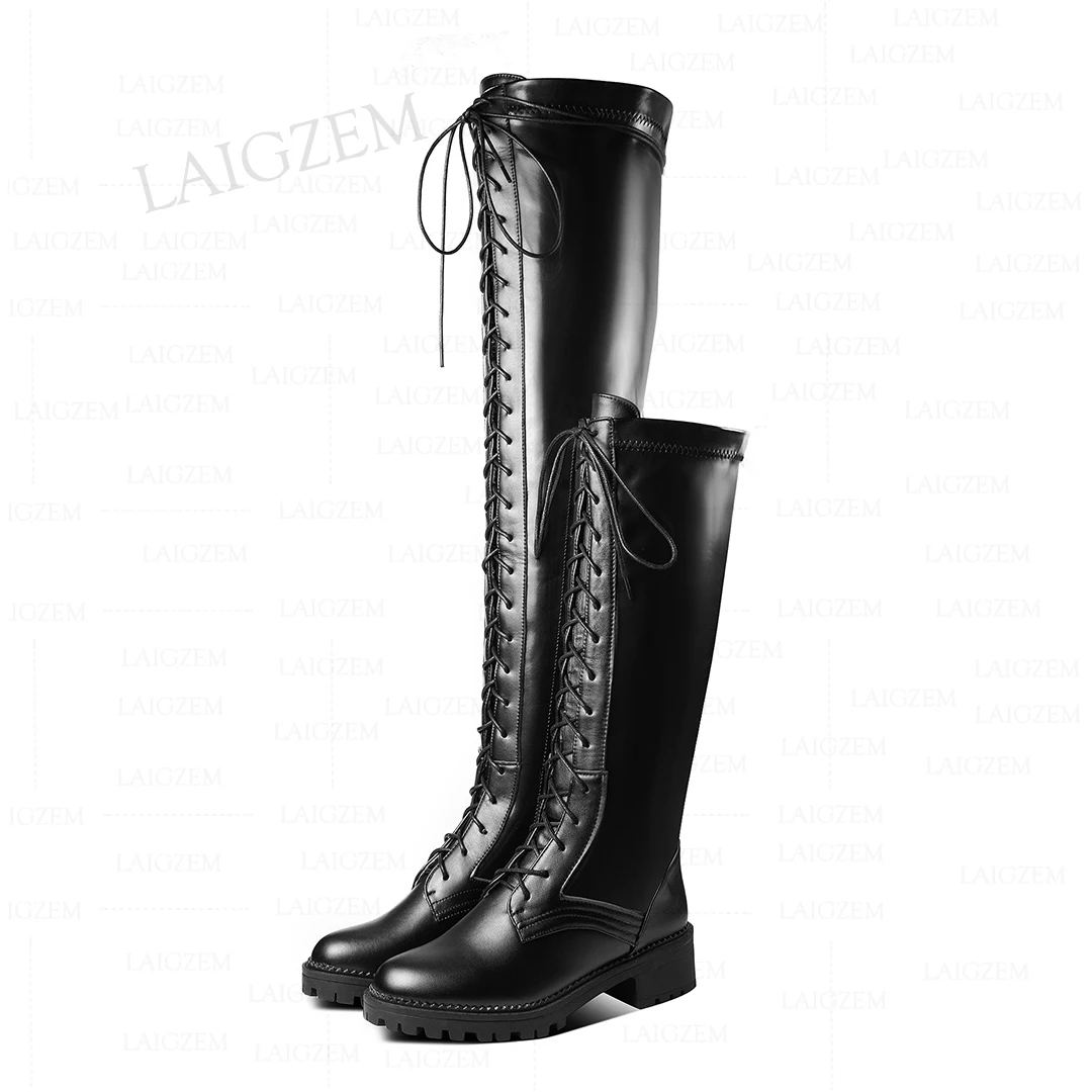 LAIGZEM Women Over Knee Boots/ Knee High Faux Leather Wide Calf Friendly Mid Heels Boots Side Zip Shoes Woman Big Size 41 46 50