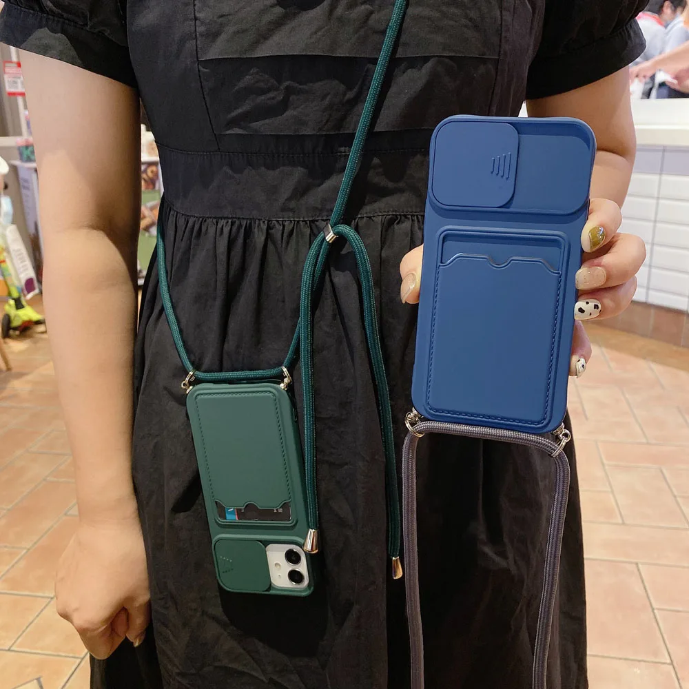 الشريحة عدسة الكاميرا حماية قضية الهاتف ، قلادة الحبل ، حبل بطاقة غطاء الجيب ، يصلح آيفون 15 ، 14 ، 13 ، 12 ، 11 برو ، XS ماكس ، XR ، X ، 8 Plus