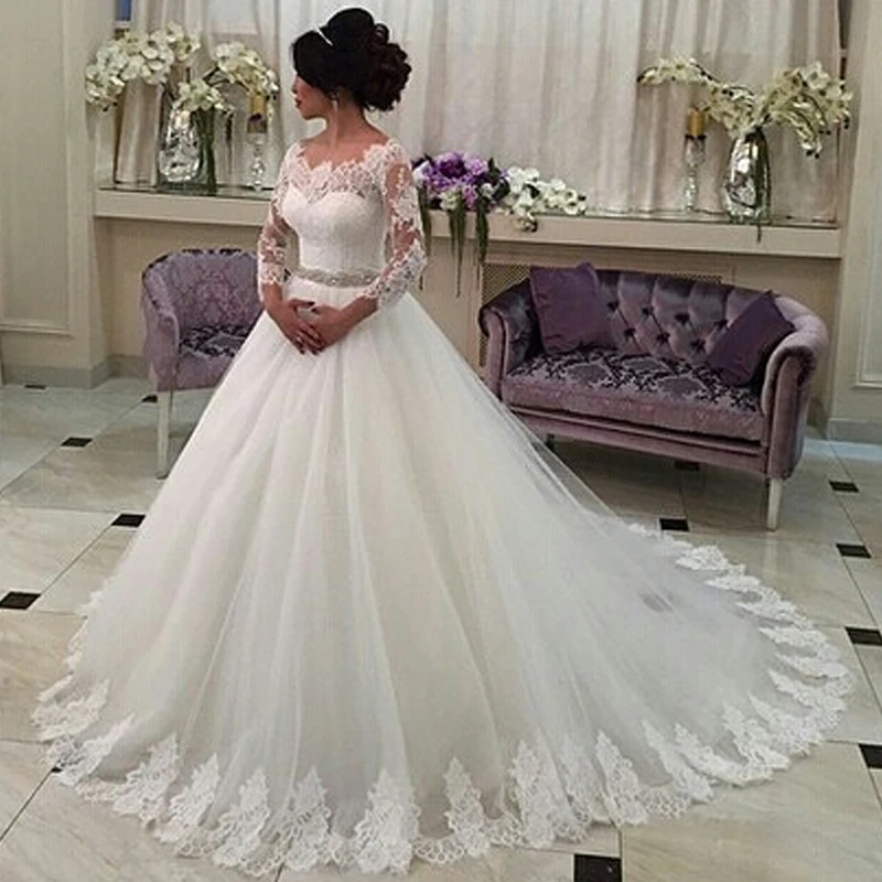 

custom Lace tulle ball gown wedding dress 3/4 lace sleeve 2025 applique bridal dress vestido de noiva beaded sash manga longa