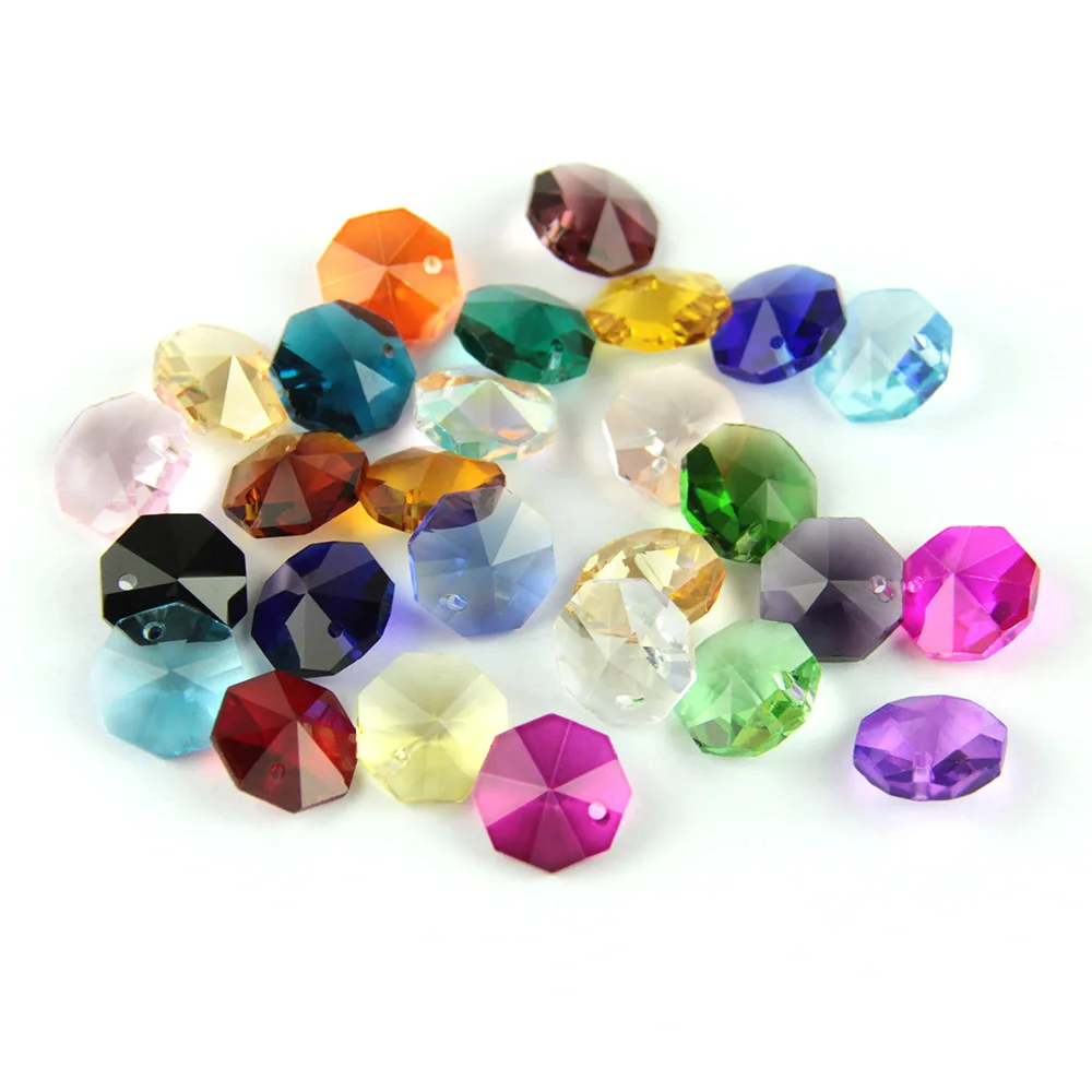 Lot de 100 perles octogonales en cristal de 14mm de couleurs mélangées, prisme, perles dans un trou pour mariage, guirlande