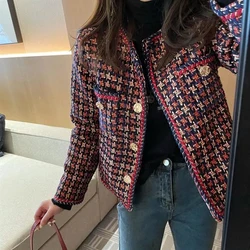 Elegant Weave Plaid Vrouwen Blazer Pocket Plus Fluwelen Winter Causale Tweed Jas Kantoor Dames Jasje