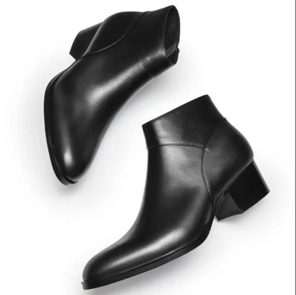 Men Black Genuine Leather Boots High Top Casual Short Boot Wedding Business Fashion Pointed Toe Zipper Ankle Heels Shoes 5cm