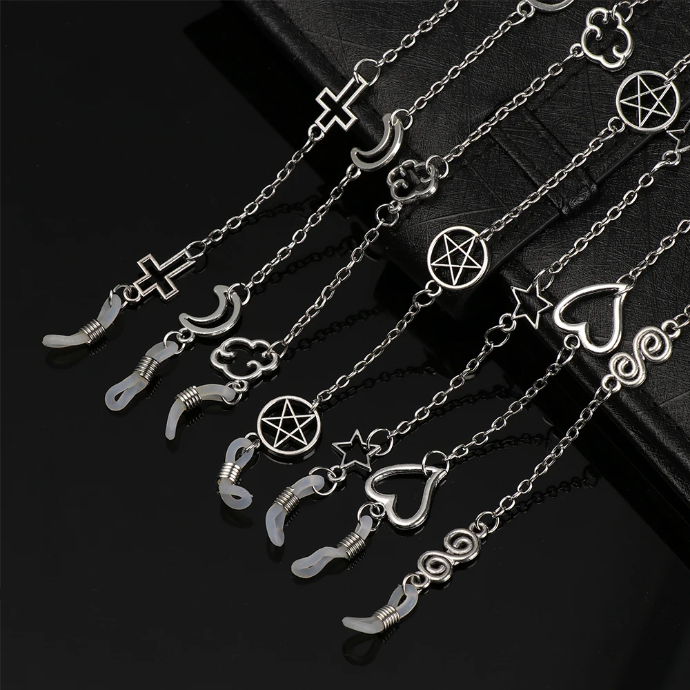 Vintage Metal óculos de sol colhedor, óculos titular, cinta do pescoço, corda, óculos acessórios, corrente, estrela, lua, antiderrapante, moda