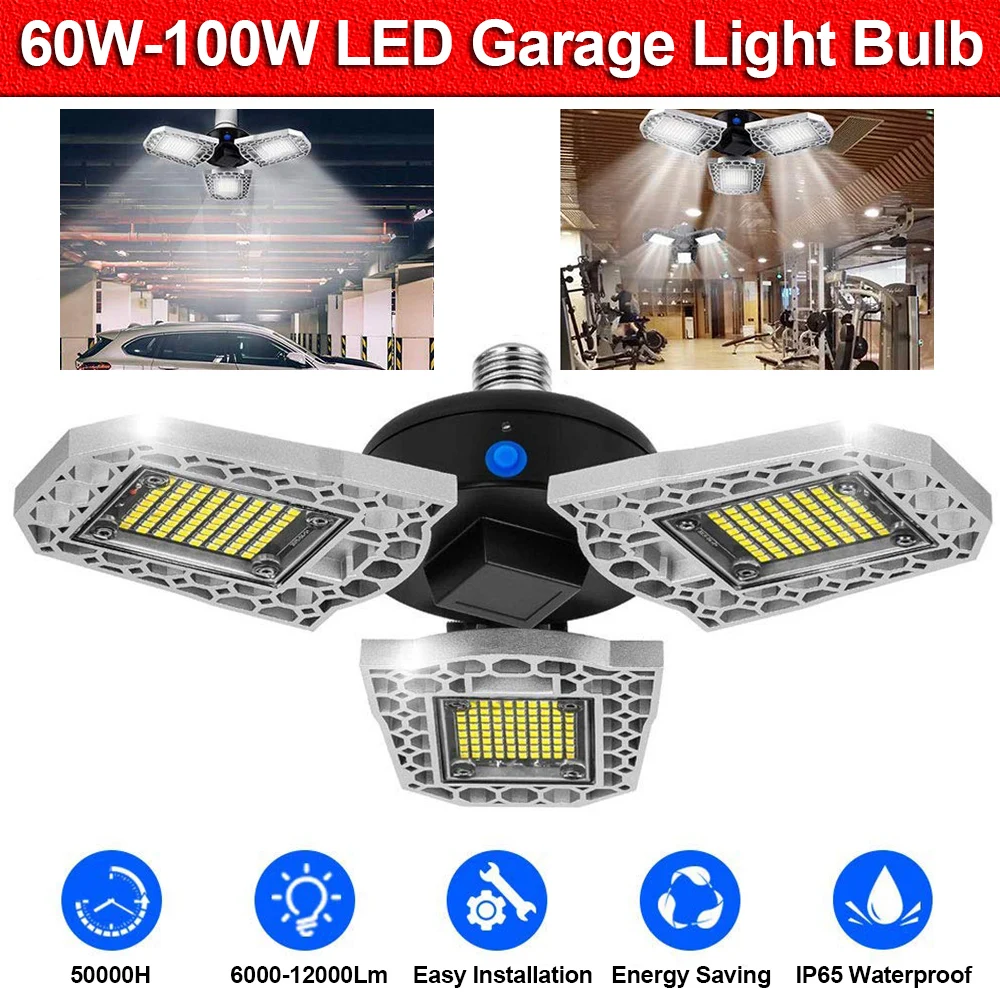 Deformable LED Garage Lights Ultra-Bright IP65 Ceiling Light Bulb Workshop Warehouse Barn with Steady On Dusk to Dawn Light P45